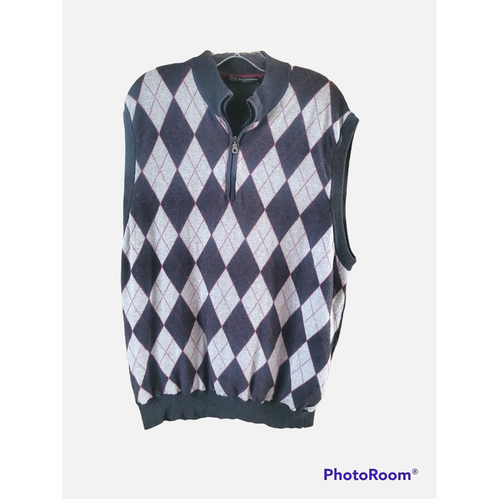 Greg Norman Gray Argyle Knit 1/4 Zip Sweater Vest Sz L